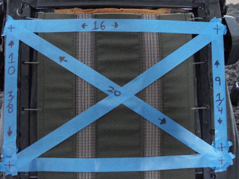 1972 Ford Pinto - Close-up of car seat upholstery with blue tape and measurements indicating dimensions.