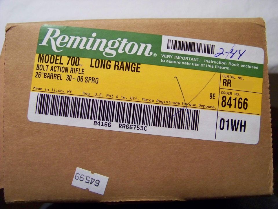 Cardboard box with a Remington Model 700 Long Range bolt action rifle label