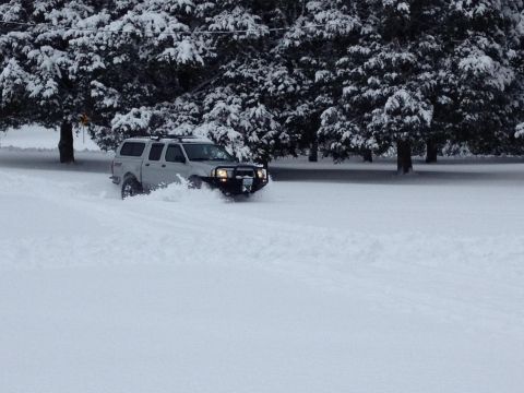 2003 Nissan Frontier - A silver pickup truck navigates through a snowy landscape with trees in the background.