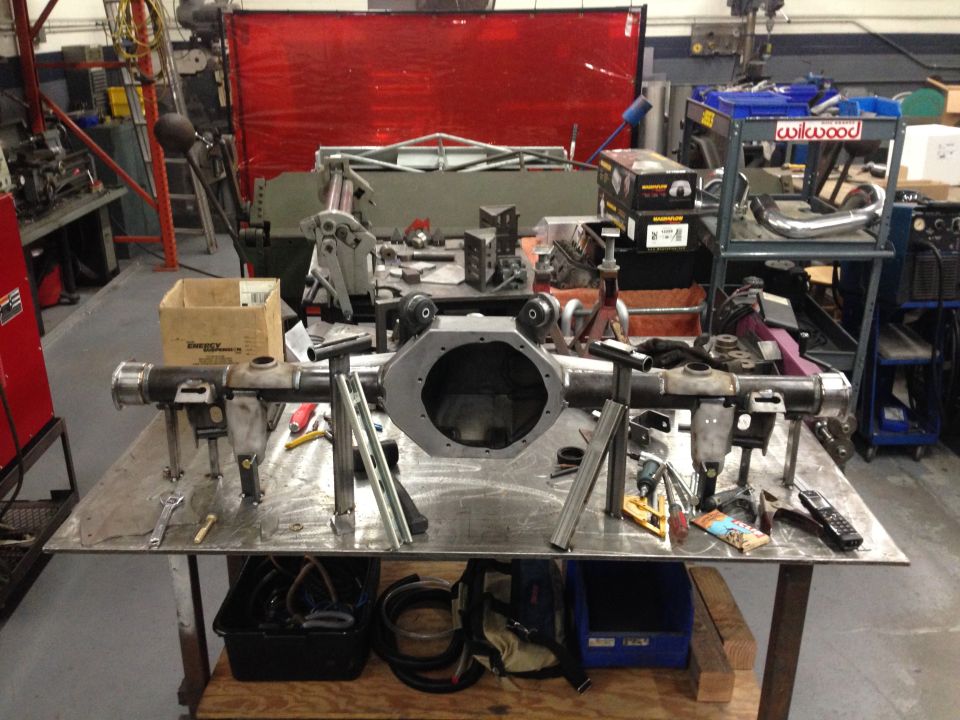 Rear axle assembly on workbench