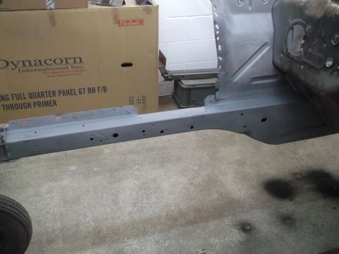 1967 Ford Mustang - Frame rails prepared for capping with 18 ga new metal. Sprayed with weld-thru primer.