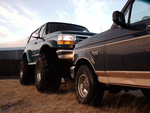 1996 Ford Bronco - A dark blue Ford Bronco with a tan stripe is parked next to a lifted green Ford Bronco with large tires.