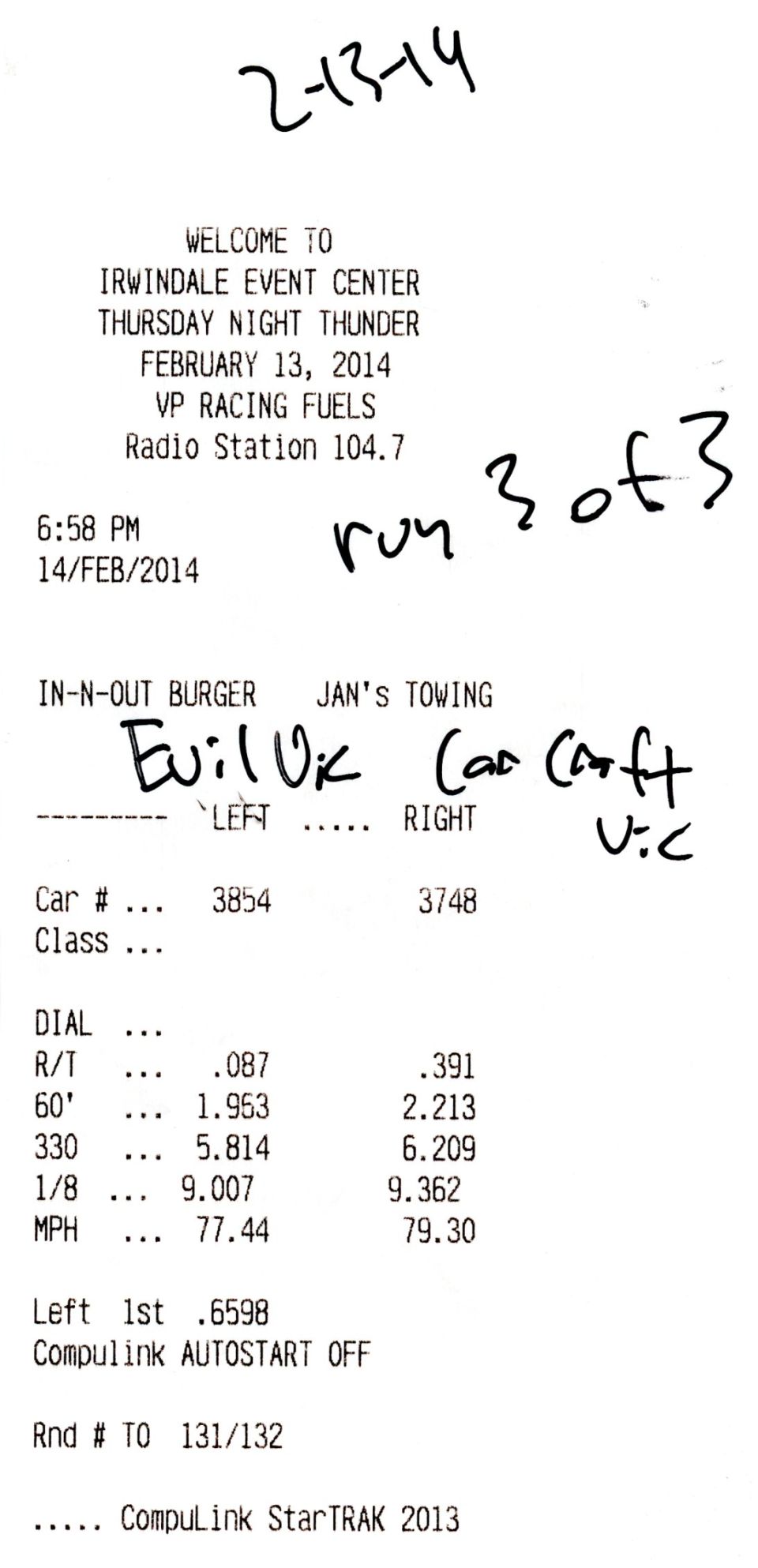 Drag-strip timeslip from Irwindale Event Center showing performance run data