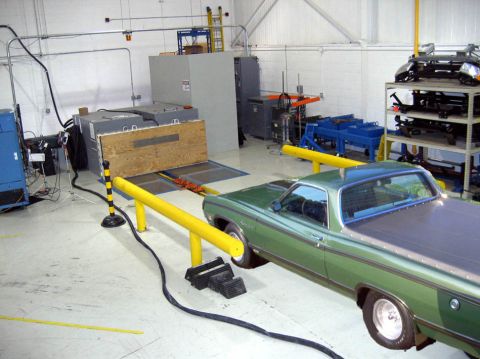 1971 Ford Ranchero - Green 1971 Ford Ranchero undergoing testing on a dynamometer in a workshop setting.