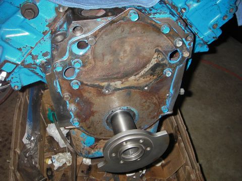 1972 Ford Ranchero - Close-up view of an engine block with a new crankshaft seal being installed.