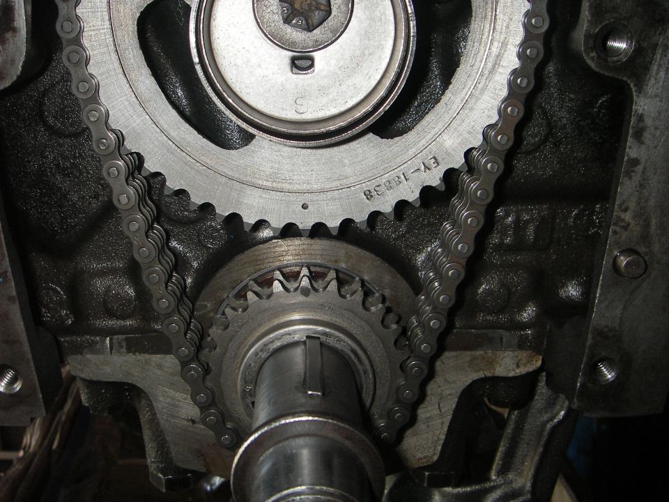 Engine timing chain and gears with part number EY-16838 visible