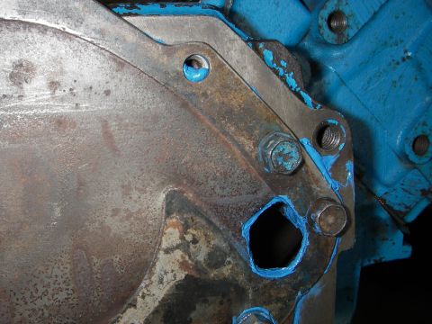 1972 Ford Ranchero - Engine block detail with blue gasket sealant applied to mating surfaces.