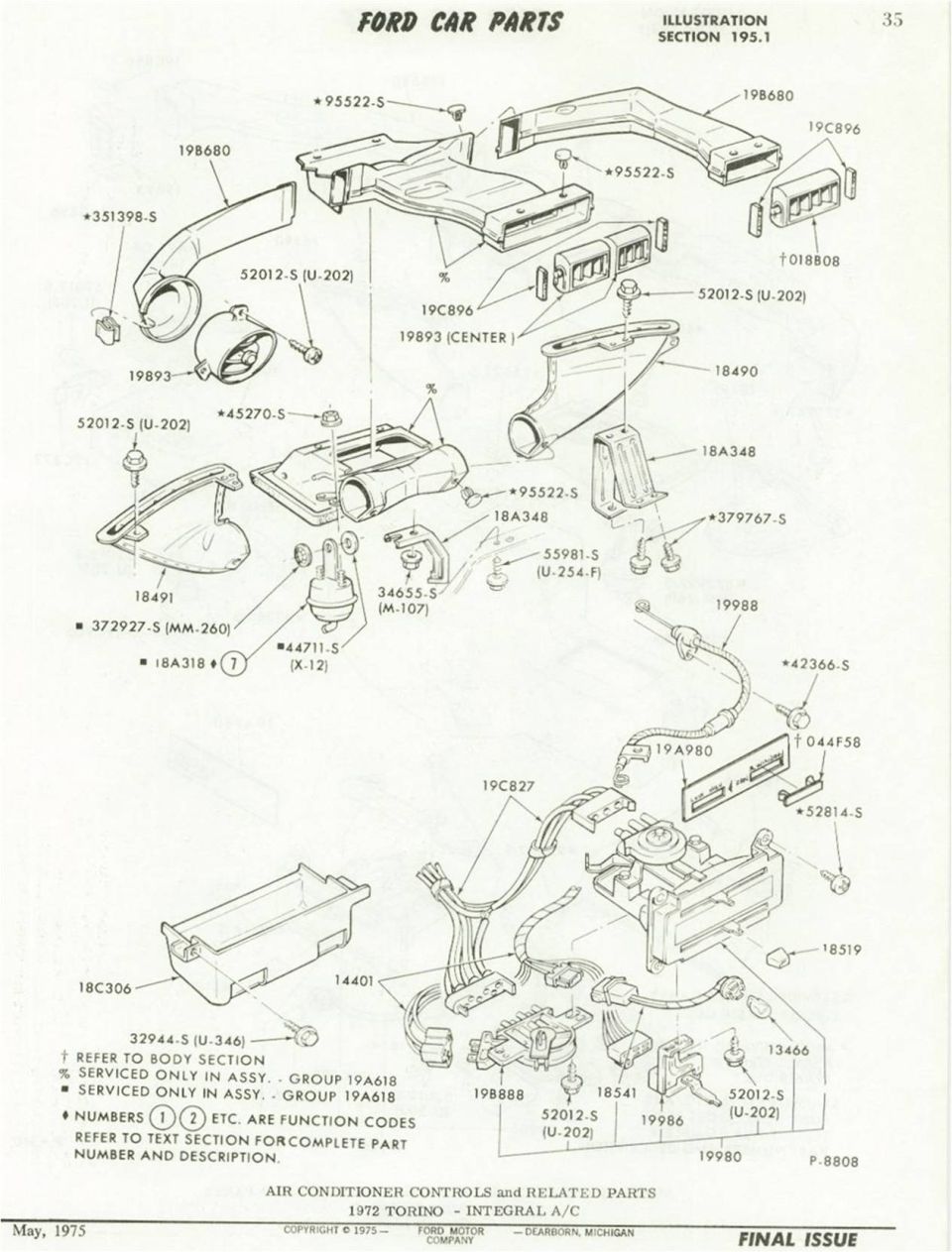 Ford Torino air conditioner controls and duct exploded parts illustration