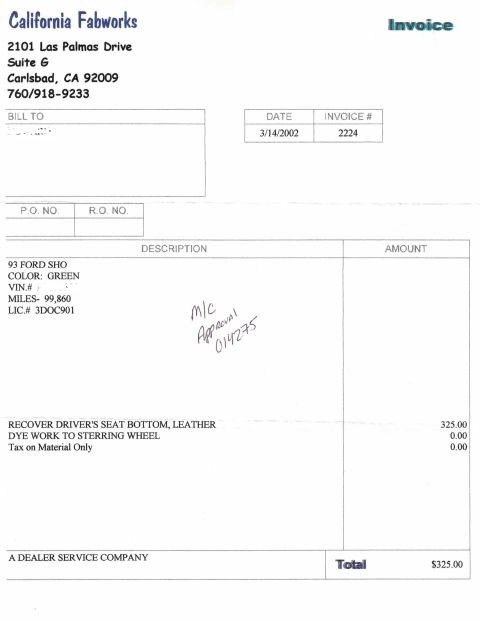 1993 Ford Taurus - Invoice details services performed on a 1993 Ford SHO, including seat repair and steering wheel dye work.