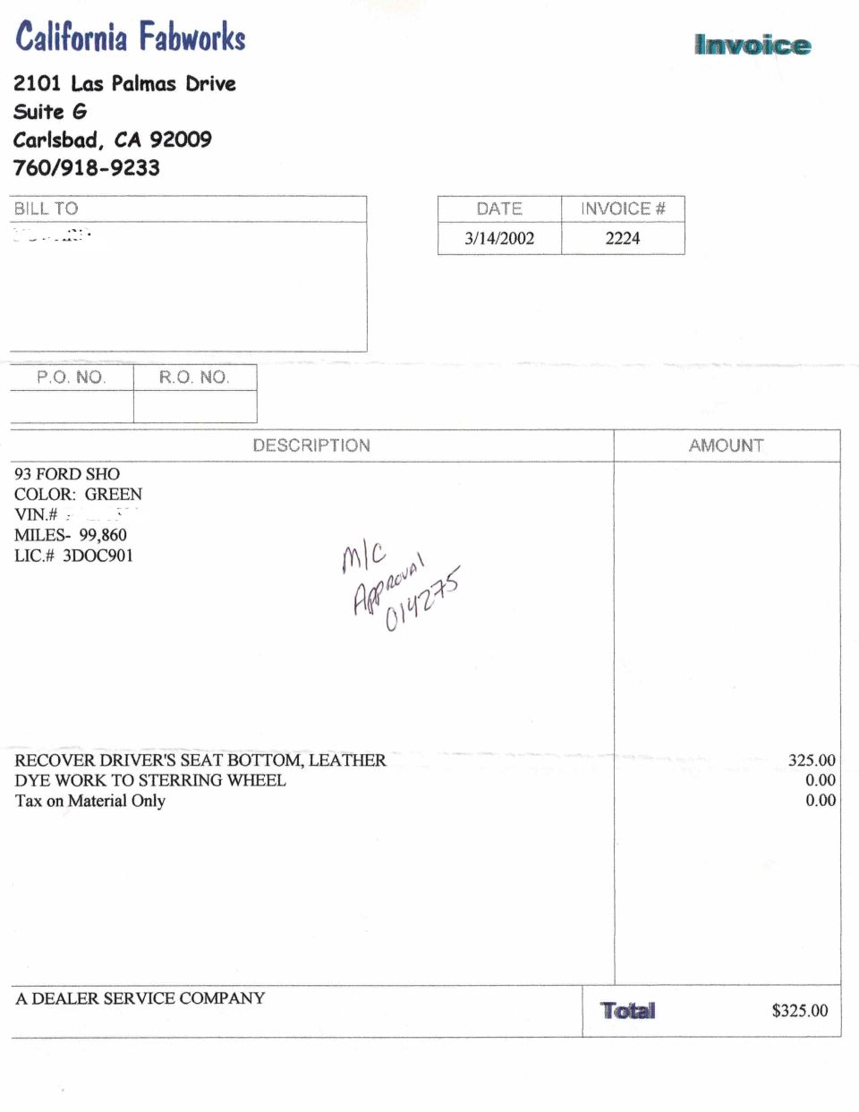 Invoice for 93 Ford SHO, green, 99,860 miles, with driver's seat bottom recover and dye work to steering wheel