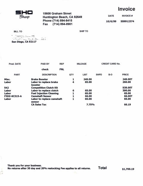 1993 Ford Taurus - This invoice details parts and labor for automotive services performed by SHO Shop.