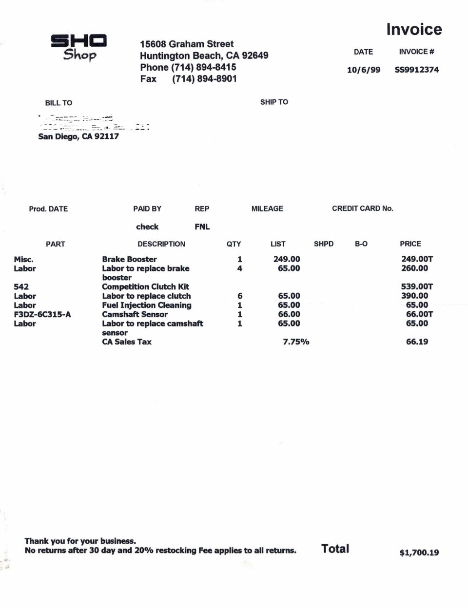 Invoice from SHO Shop for brake booster, clutch kit, and labor services