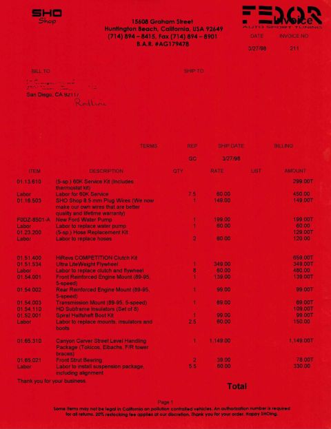 1993 Ford Taurus - Invoice from SHO Shop detailing parts and labor for various automotive services, dated March 27, 1998.
