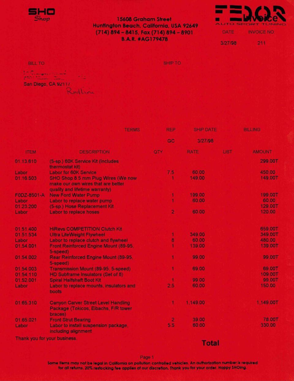 Invoice from SHO Shop for car parts and labor