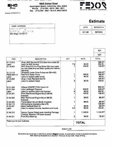 1993 Ford Taurus - This is an estimate document for car parts and labor, not a photo of a vehicle.