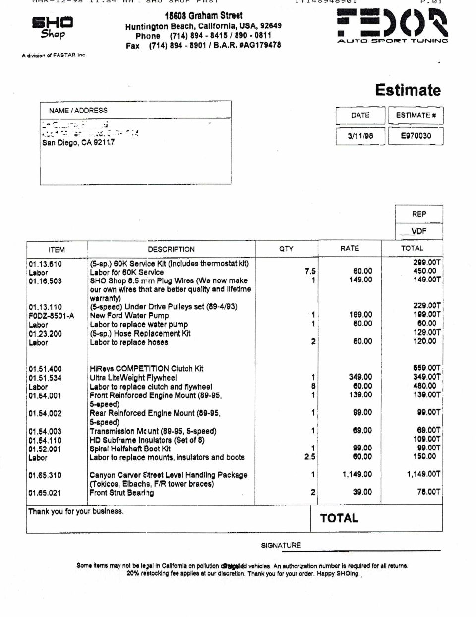 Estimate document from SHO Shop for parts and labor, dated 3/11/98