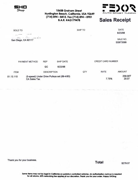 1993 Ford Taurus - This is a sales receipt for automotive parts, not a photo of a vehicle.