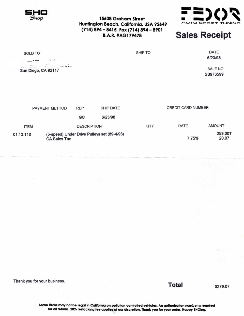 Sales receipt from SHO Shop for under drive pulleys set (89-93)