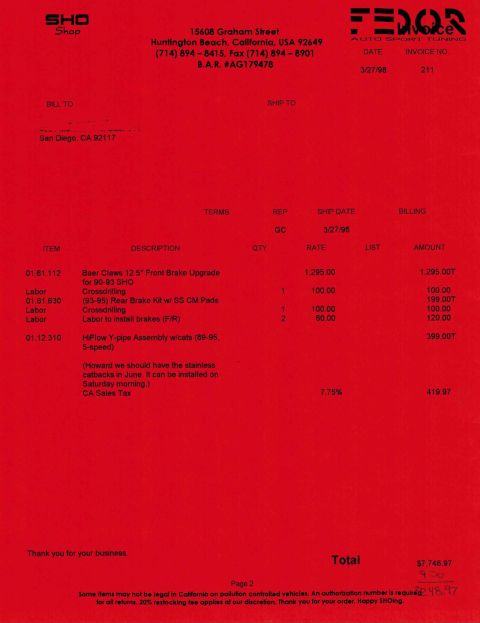 1993 Ford Taurus - This invoice details parts and labor for brake upgrades and a Y-pipe assembly for a 90-95 SHO model.