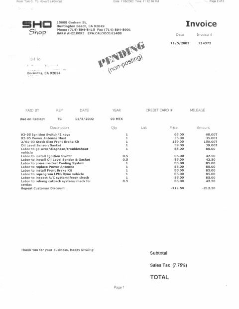 1993 Ford Taurus - This invoice details parts and labor for a 1993 MTX, including ignition switch, antenna mast, and brake kit.