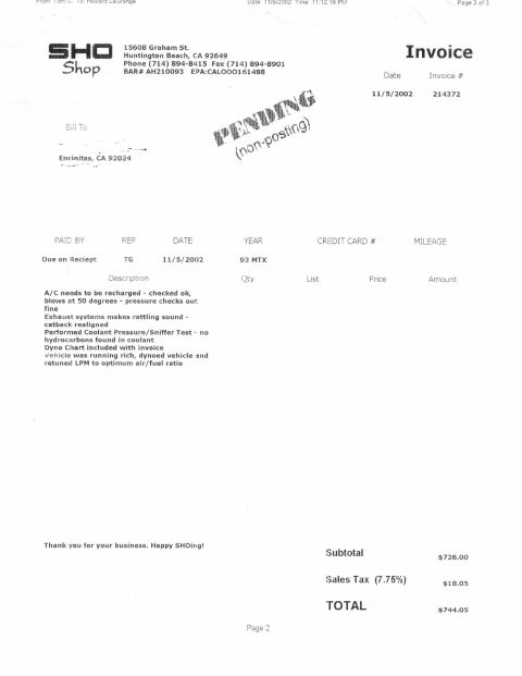 1993 Ford Taurus - This invoice details automotive service performed on 11/5/2002, including A/C recharge and exhaust system checks.