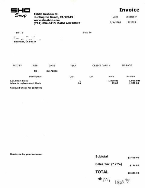 1993 Ford Taurus - This is an invoice from SHO Shop detailing parts and labor costs for a vehicle repair.