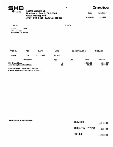 1993 Ford Taurus - This invoice from SHO Shop lists parts and labor charges for automotive services.