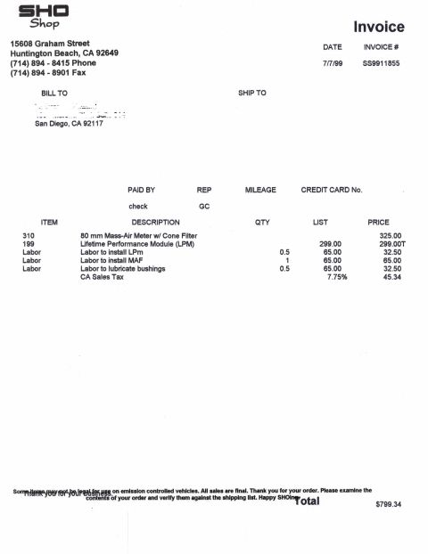 1993 Ford Taurus - This is an invoice from SHO Shop for parts and labor. The invoice details items such as a mass-air meter, labor to install parts, and sales…
