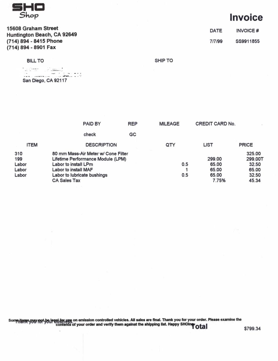 Invoice from SHO Shop detailing parts and labor for a 1993 Ford Taurus SHO MTX.