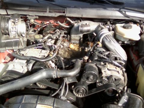 1999 Mercury Grand Marquis - The engine bay of a vehicle is shown with various mechanical parts and hoses.