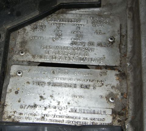 1999 Ford Fairlane - VIN plate details for a 1999 Ford Fairlane, manufactured by Ford Motor Company of Australia Ltd.