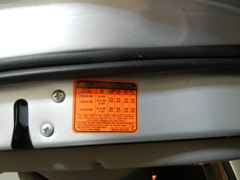 1999 Ford Fairlane - This tire pressure sticker provides recommended inflation pressures for various tire sizes.