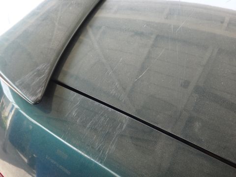 1993 Ford Taurus - Dust and scratches mar the rear of a green car, obscuring its model year.