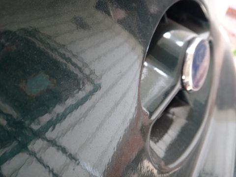 1993 Ford Taurus - Close-up of a dark green car door, showing the texture of the paint and a chrome-trimmed emblem.