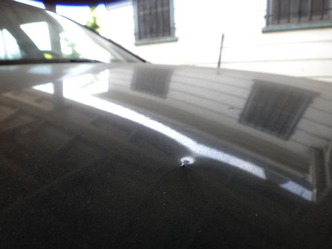 1993 Ford Taurus - A small dent is visible on the dark-colored hood of a car.