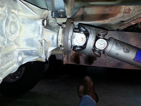 1995 Ford Bronco - Underside view of vehicle drivetrain components, showing the differential and driveshaft connection.