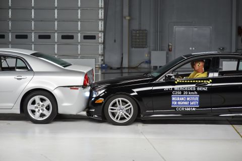 1971 Ford Ranchero - Crash test shows 2013 Mercedes-Benz C250 being struck from behind by another vehicle.