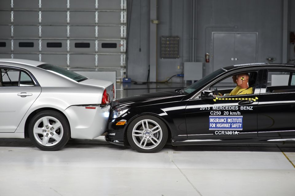 2013 Mercedes-Benz C250 rear-ended by silver sedan during crash test