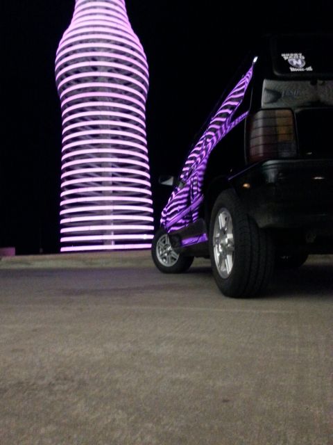 1991 Ford Festiva - A black car with striking purple zebra stripes is parked near a large, glowing bottle-shaped sculpture at night.