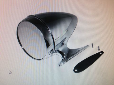 1964 Ford Fairlane - A chrome side mirror assembly, including mounting hardware and a gasket, is presented against a plain background.