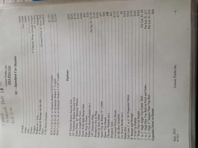 Carson Trailer 2014 price list page for Standard Car Hauler with specs and options