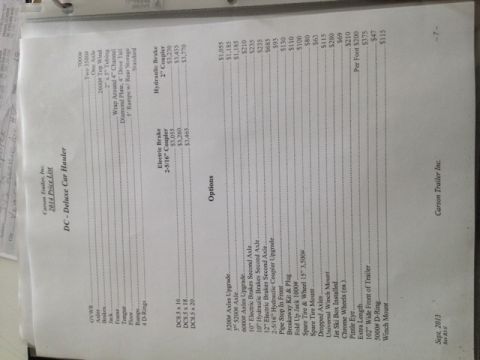 1968 Ford Mustang - Dealer price list and specification sheet for a Carson Deluxe Car Hauler trailer with options and pricing.