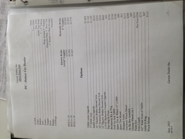 Carson Trailer 2014 price list page for Deluxe Car Hauler with specs and options