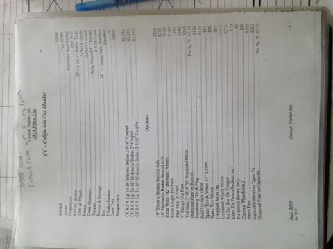 1968 Ford Mustang - Dealer price list and specification sheet for a Carson California Car Hauler trailer with options and pricing.