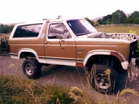 1982 Ford Bronco - This 1982 Ford Bronco is parked outside with its hood open, revealing the engine compartment.