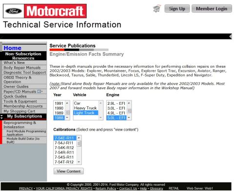 1994 Ford Bronco - Screenshot of the Ford Motorcraft Technical Service Information website service-publications page, not a document scan.