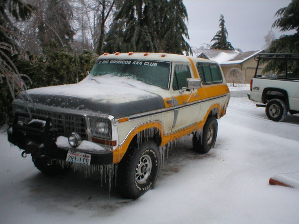 The Bronco is encased in ice.
