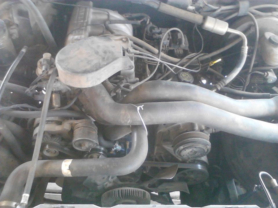 Engine bay with hoses, belts, and fan visible