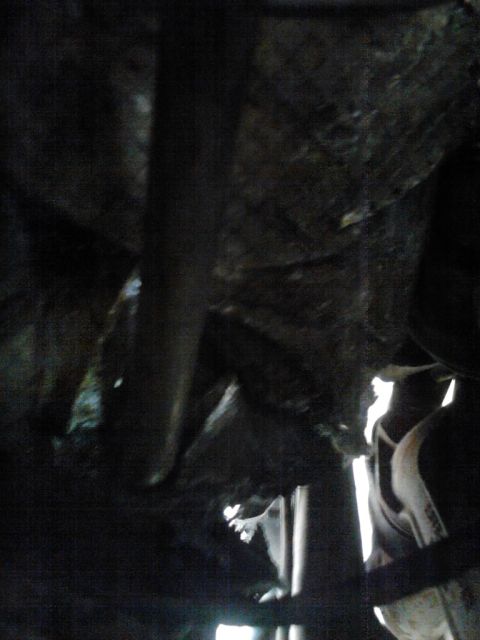 1990 Ford Bronco - The underside of a vehicle is captured in this dimly lit photograph, showing mechanical parts.