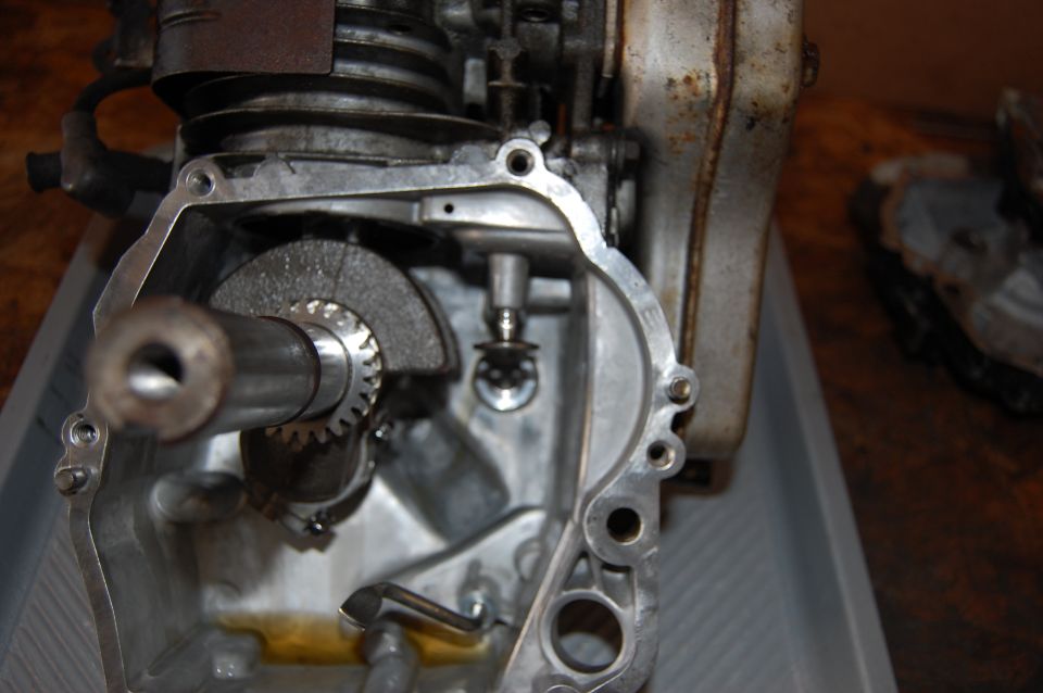 Close-up of an engine's internal gears and shaft, likely from a mower